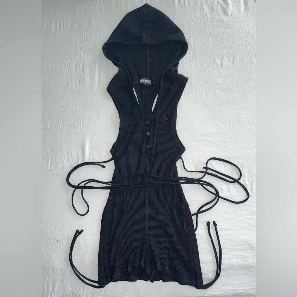 Dolls Kill Darker Wavs Replay Black Hooded Racerback Romper size XS